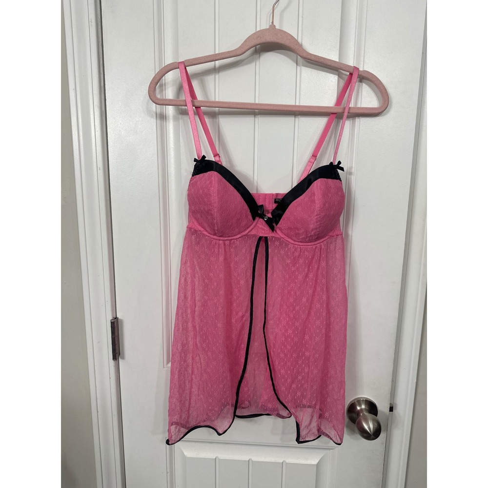 Seductivewear‎ Pink Lace Babydoll Chemise Black Trim Underwire Large RN79862